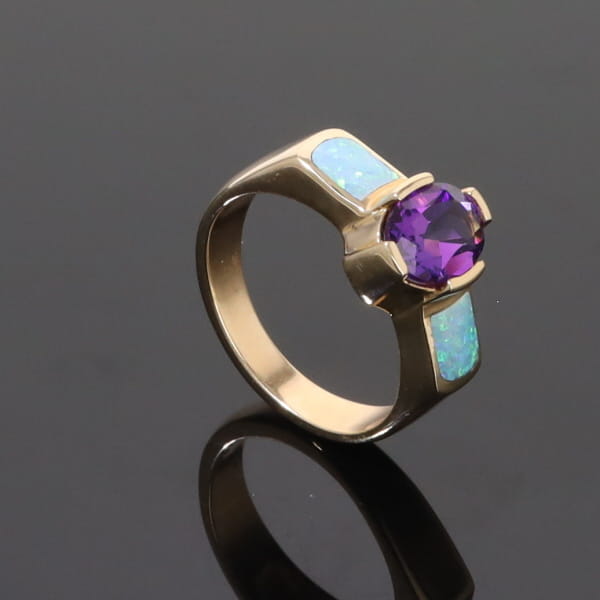 Opal Rings 2 Section Inlaid Design with Oval Amethyst Center