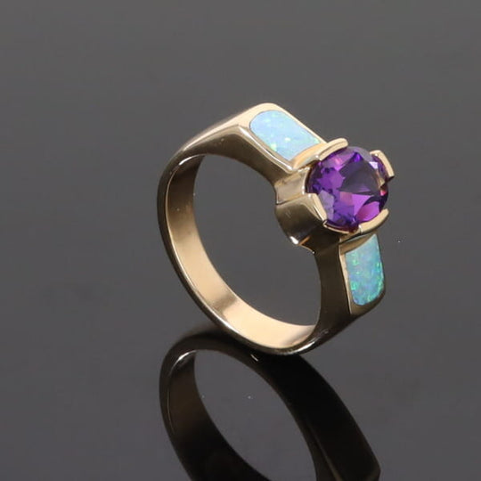 Opal Rings 2 Section Inlaid Design with Oval Amethyst Center