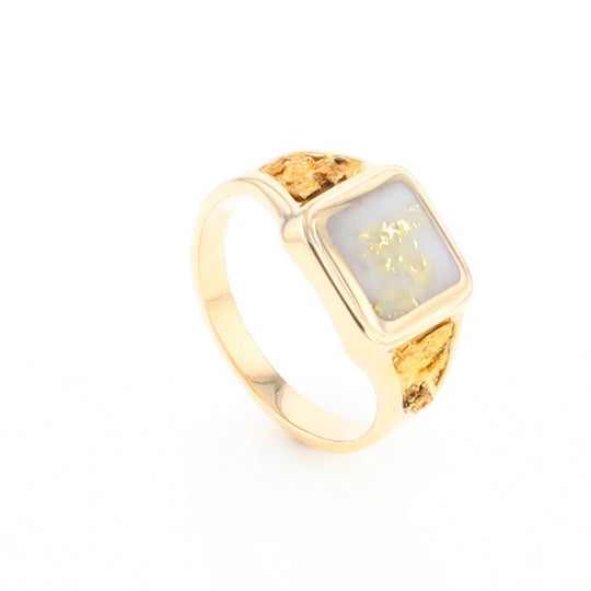 Gold Quartz Ring Square Inlaid Center Design with Natural Nugget Sides