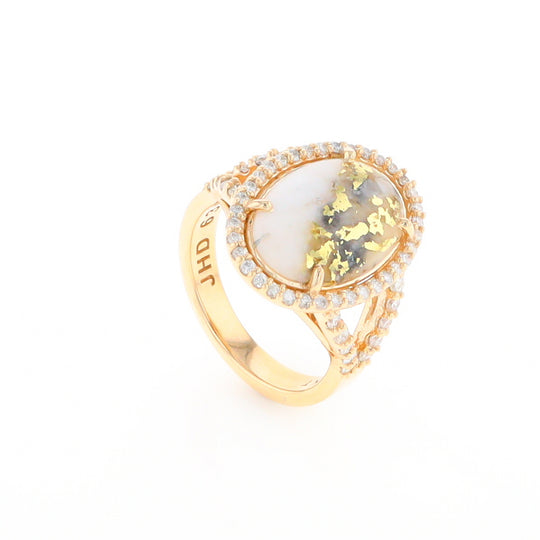 Gold Quartz Ring Oval Cabochon 0.65ctw Round Diamonds Halo (G2)