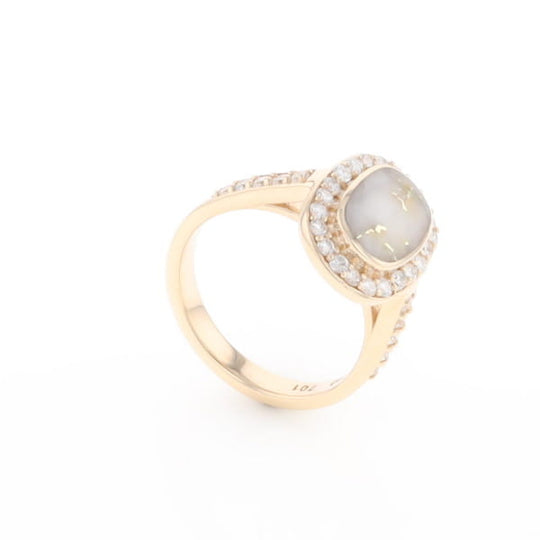 Rectangular Gold Quartz Inlaid Ring with 0.65ctw Diamond Halo