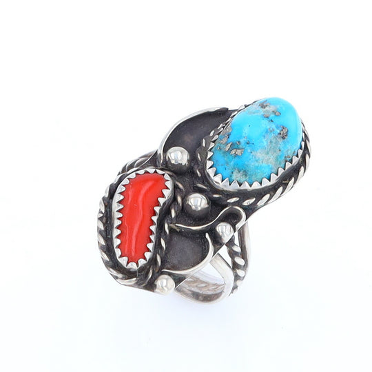 Freeform Turquoise and Coral Silver Rope Ring