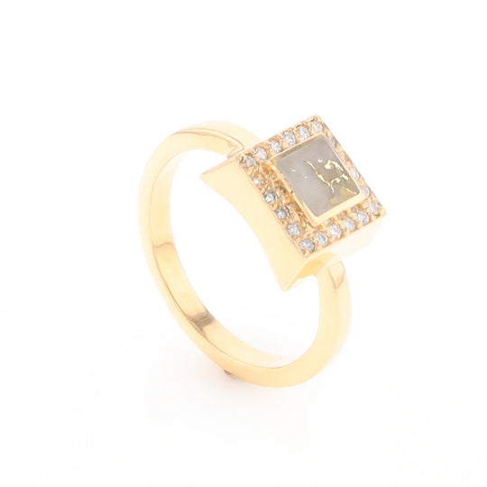 Gold Quartz Ring Square Inlaid Halo .14ctw Diamonds Design