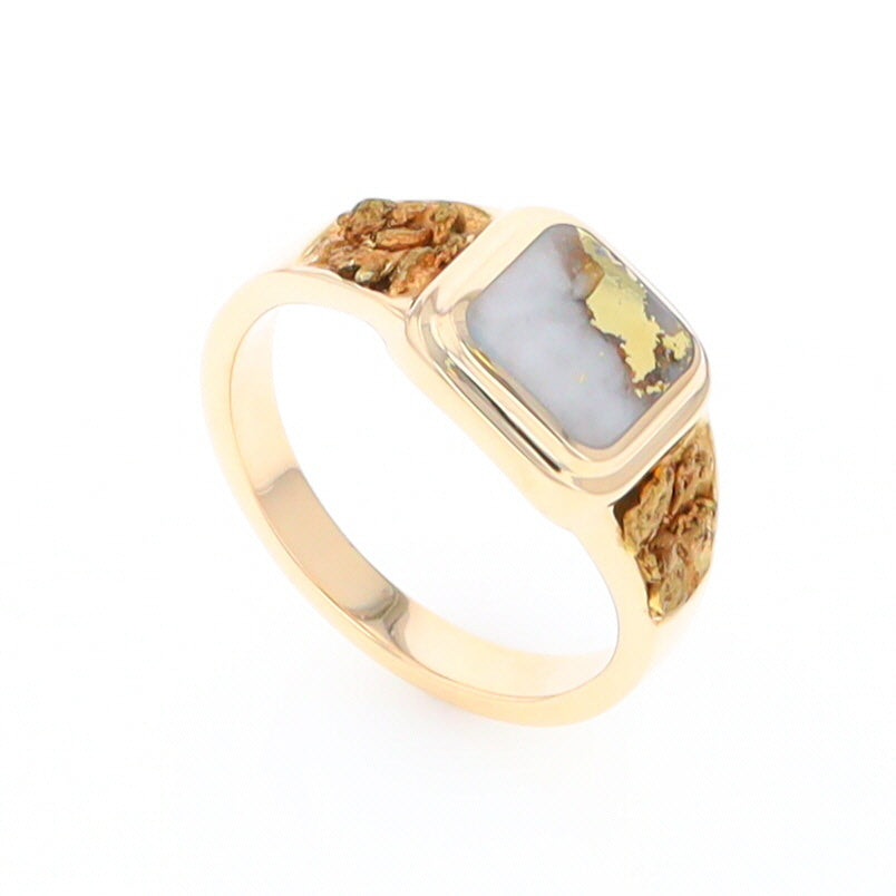 Gold Quartz Ring Square Inlaid Design Double Natural Nugget Sides