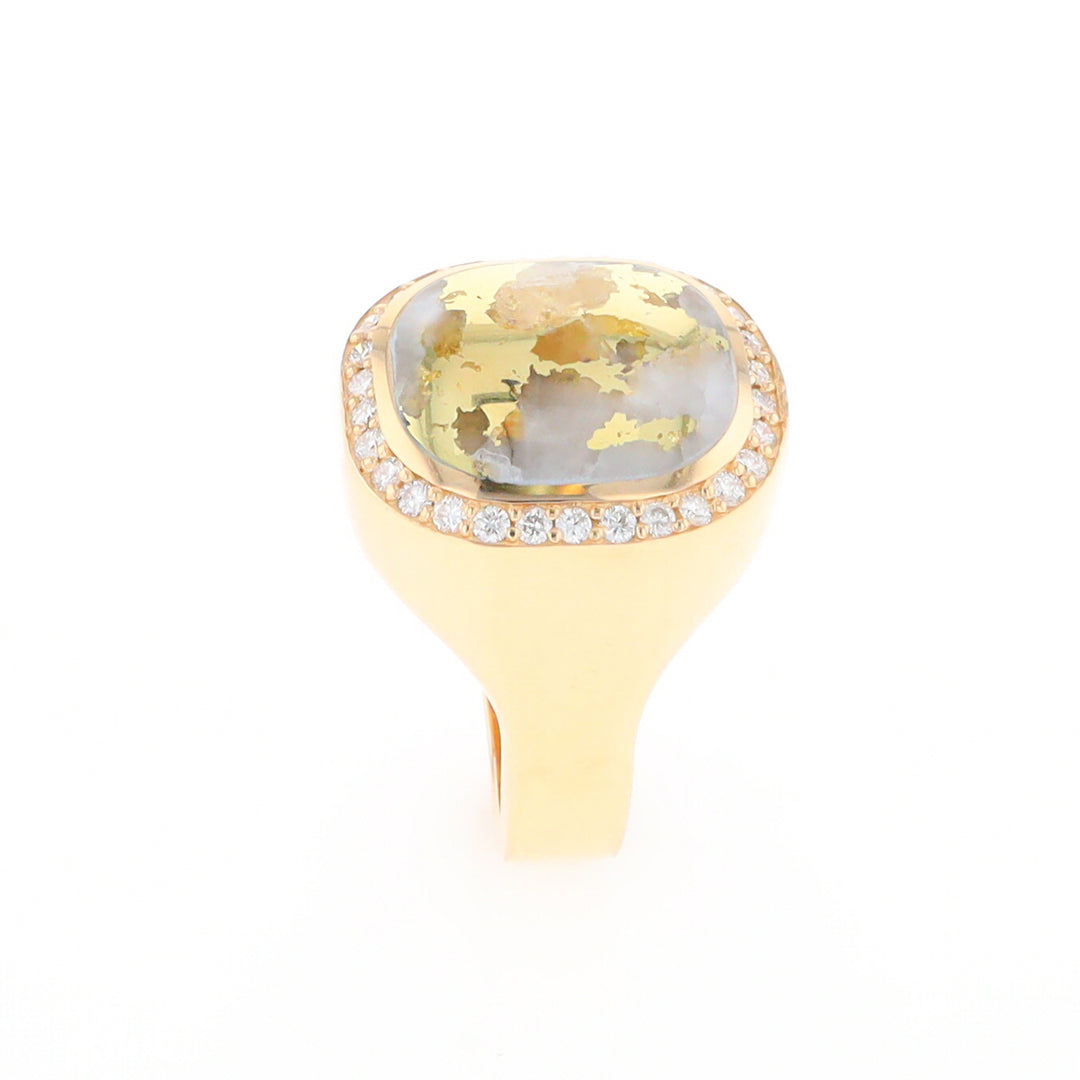 Gold Quartz Cushion Inlaid Men's Ring with Diamond Halo