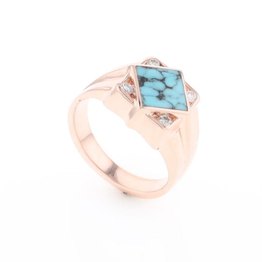 Natural Turquoise ring diamond shape inlaid design with .16ctw round diamonds