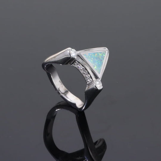 Opal Rings Triangle Inlaid Design with .31ctw Round Diamonds