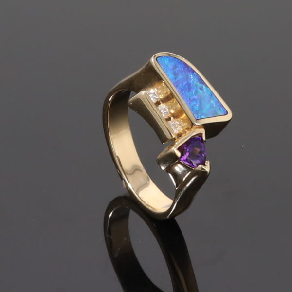 Opal Rings Geometric Inlaid with Amethyst and .08ctw Diamonds