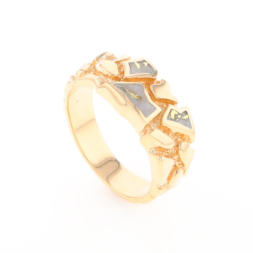 Gold Quartz Ring 3 Section Inlaid Nugget Design Band