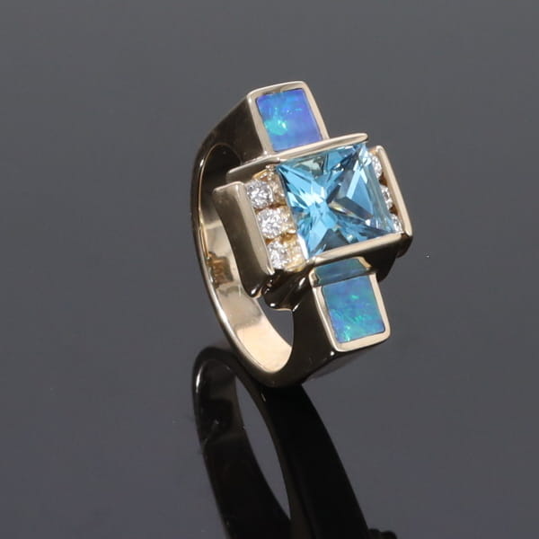 Opal Rings Inlaid Sides Swiss Blue Topaz Center with .24ctw Diamonds