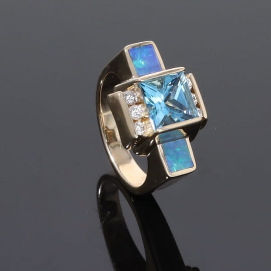 Opal Rings Inlaid Sides Swiss Blue Topaz Center with .24ctw Diamonds