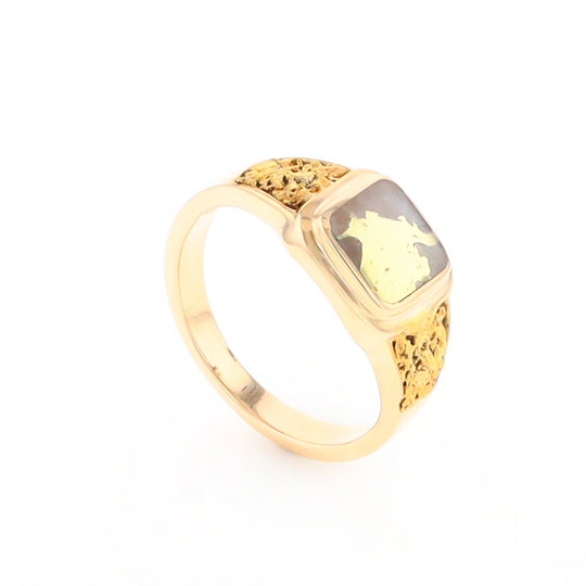 Gold Quartz Ring Square Inlaid Design Double Natural Nugget Sides