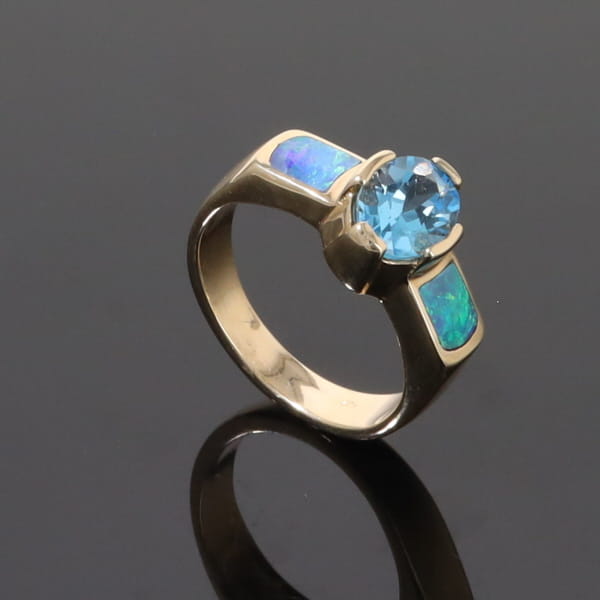 Opal Rings 2 Section Inlaid Design with Oval Swiss Blue Topaz Center