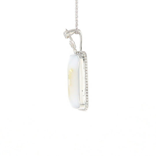 Gold Quartz Necklace, Rectangle Inlaid Fleur De Lis Design with .02ctw Diamond Pendant