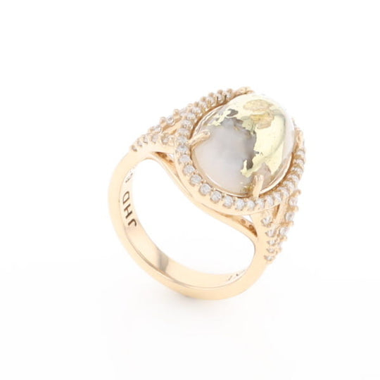 Gold Quartz Ring Oval Cabochon 0.65ctw Round Diamonds Halo