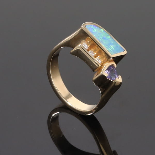 Opal Rings Geometric Inlaid with Tanzanite and .08ctw Round Diamonds