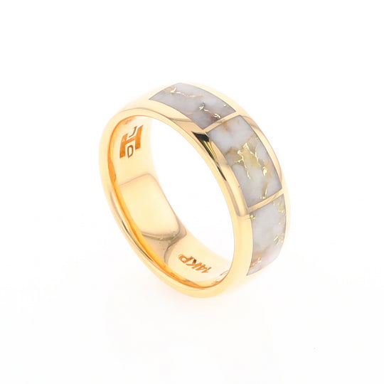 Gold Quartz Ring 3 Section Rectangle Inlaid Design Band