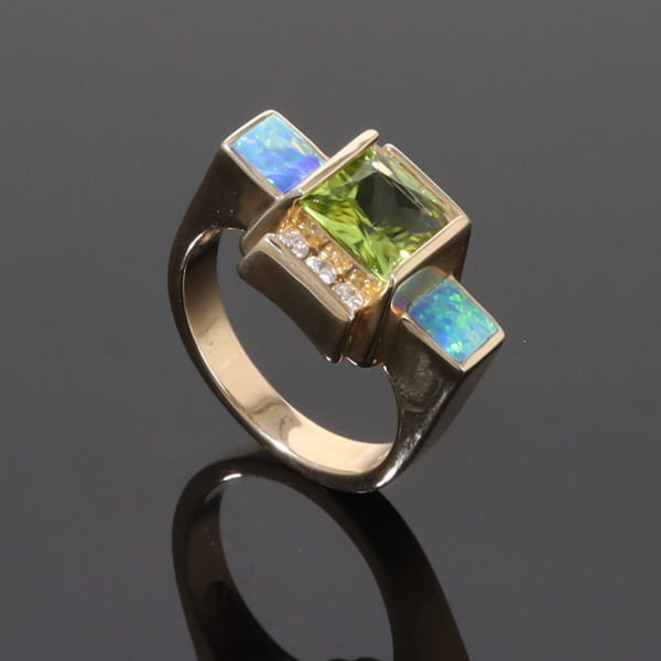 Opal Rings 2 Square Inlaid Peridot with 0.24ctw Diamonds