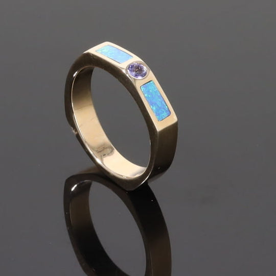 Opal Rings 2 Section Inlaid Design with Round Tanzanite