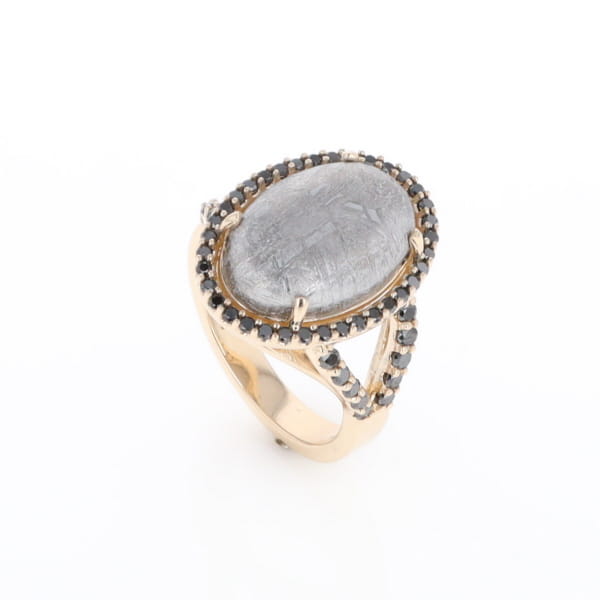 Meteorite Ring Oval Cabochon 0.65ctw Round Black Diamonds Halo