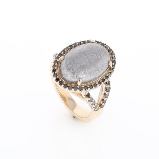 Meteorite Ring Oval Cabochon 0.65ctw Round Black Diamonds Halo