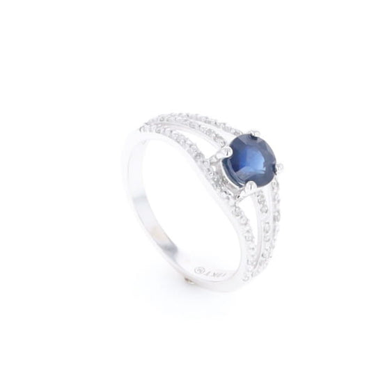Blue Sapphire Triple Shank Ring With Accent Diamonds