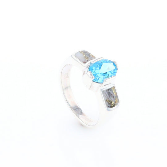 Sterling Silver Gold Quartz Inlaid Oval Blue Topaz Ring - G3