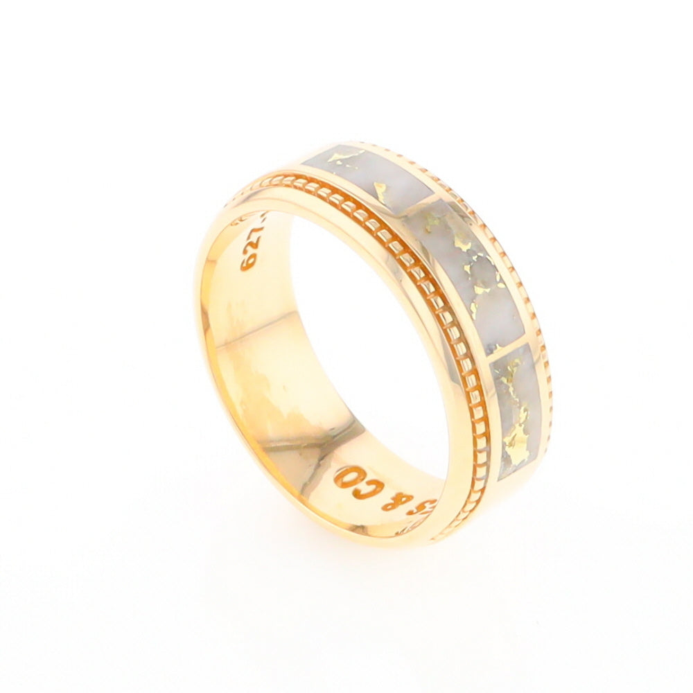 Gold Quartz Ring 3 Section Rectangle Inlaid Milgrain Border Band