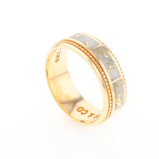 Gold Quartz Ring 3 Section Rectangle Inlaid Milgrain Border Band