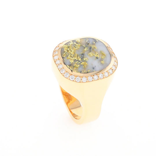 Gold Quartz Cushion Inlaid Men's Ring with Diamond Halo