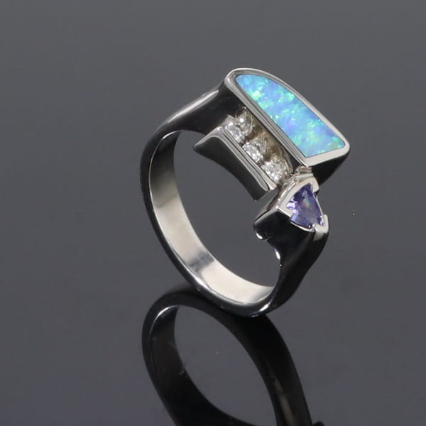 Opal Rings Geometric Inlaid Design with Tanzanite and .08ctw Diamonds
