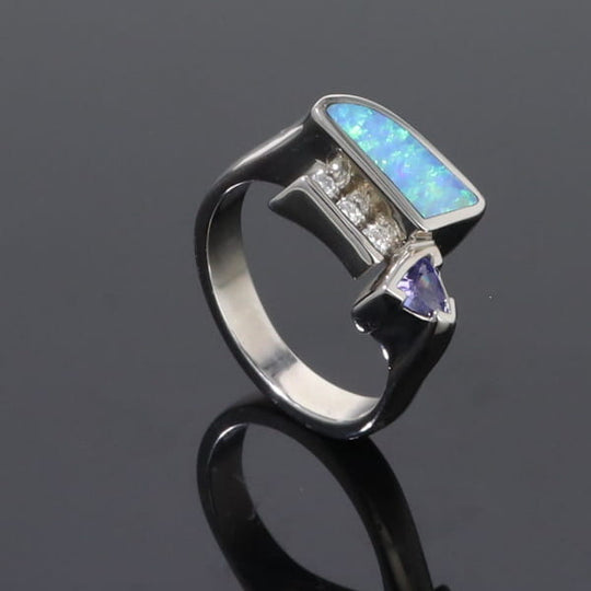 Opal Rings Geometric Inlaid Design with Tanzanite and .08ctw Diamonds