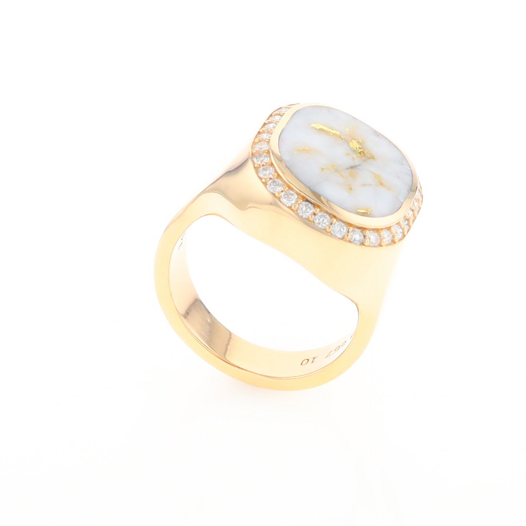 Gold Quartz Cushion Inlaid Men's Ring with Diamond Halo