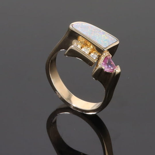Opal Rings Geometric Inlaid with Pink Sapphire and .08ctw Diamonds