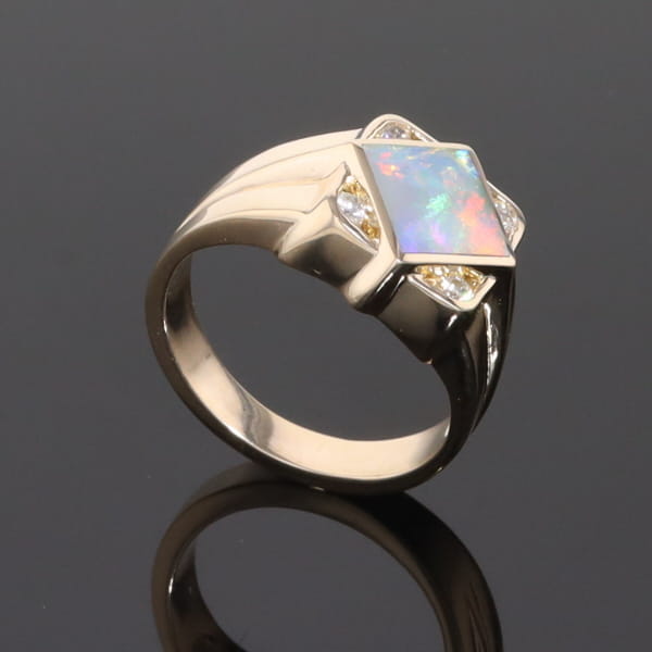 Natural Australian Opal ring diamond shape inlaid design with .16ctw round diamonds