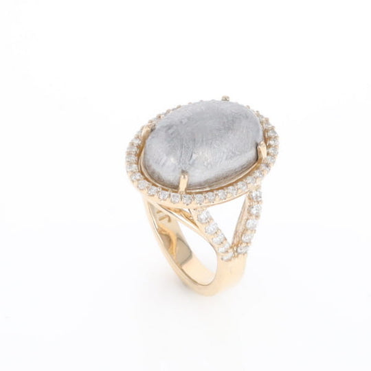 Meteorite Ring Oval Cabochon 0.65ctw Round Diamonds Halo