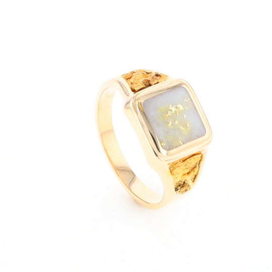 Gold Quartz Ring Square Inlaid Center Design with Natural Nugget Sides