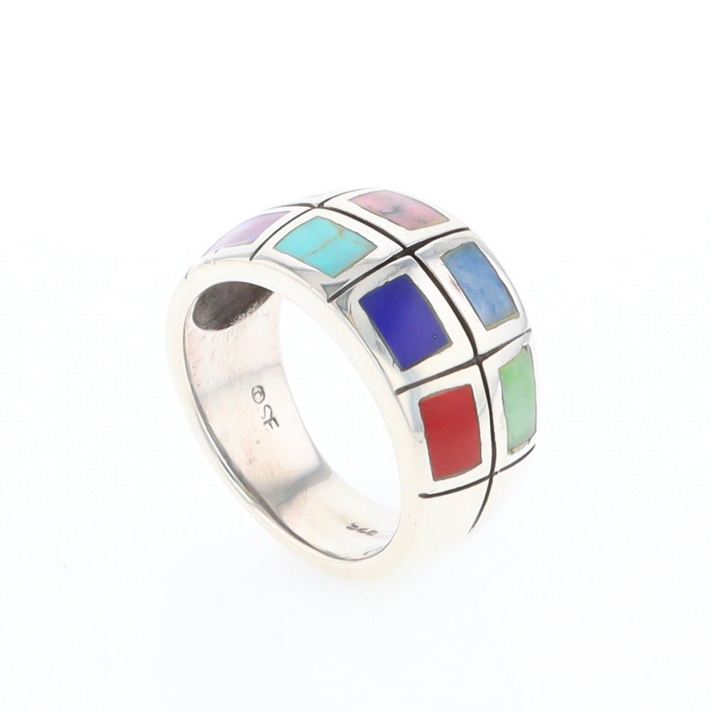 Native Silver Multi Stone Inlaid Ring