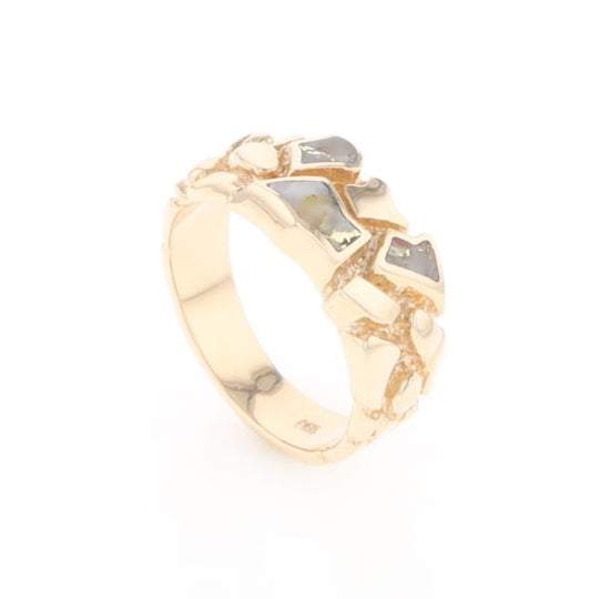 Gold Quartz Ring 3 Section Inlaid Nugget Design Band