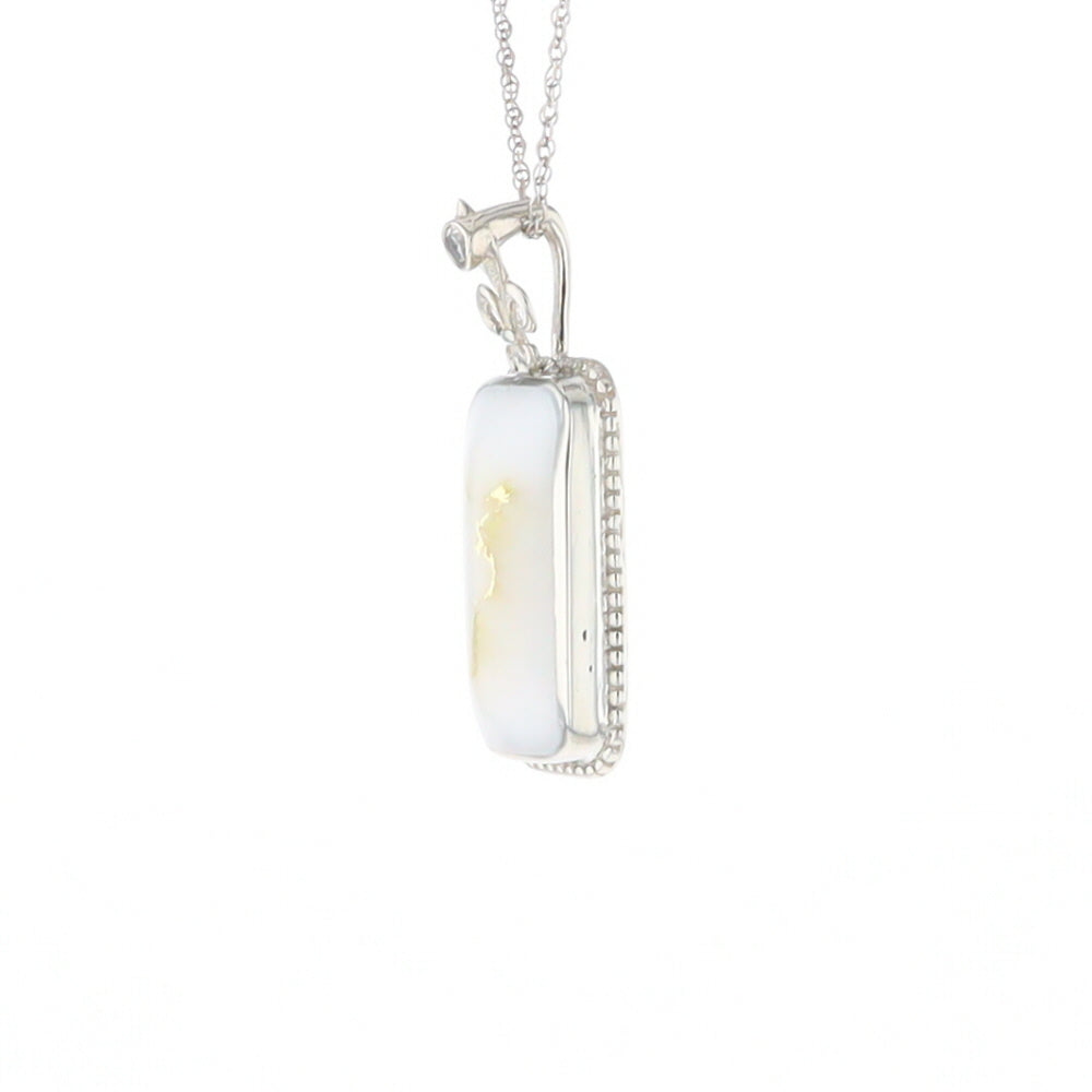 Gold Quartz Necklace, Rectangle Inlaid Fleur De Lis Design with .02ctw Diamond Pendant