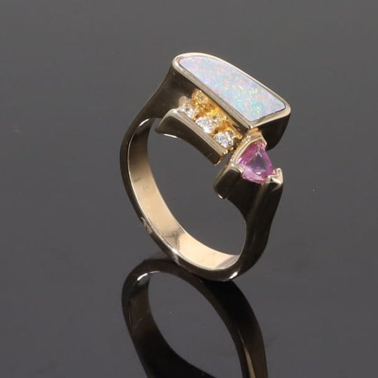 Opal Rings Geometric Inlaid with Pink Sapphire and .08ctw Diamonds