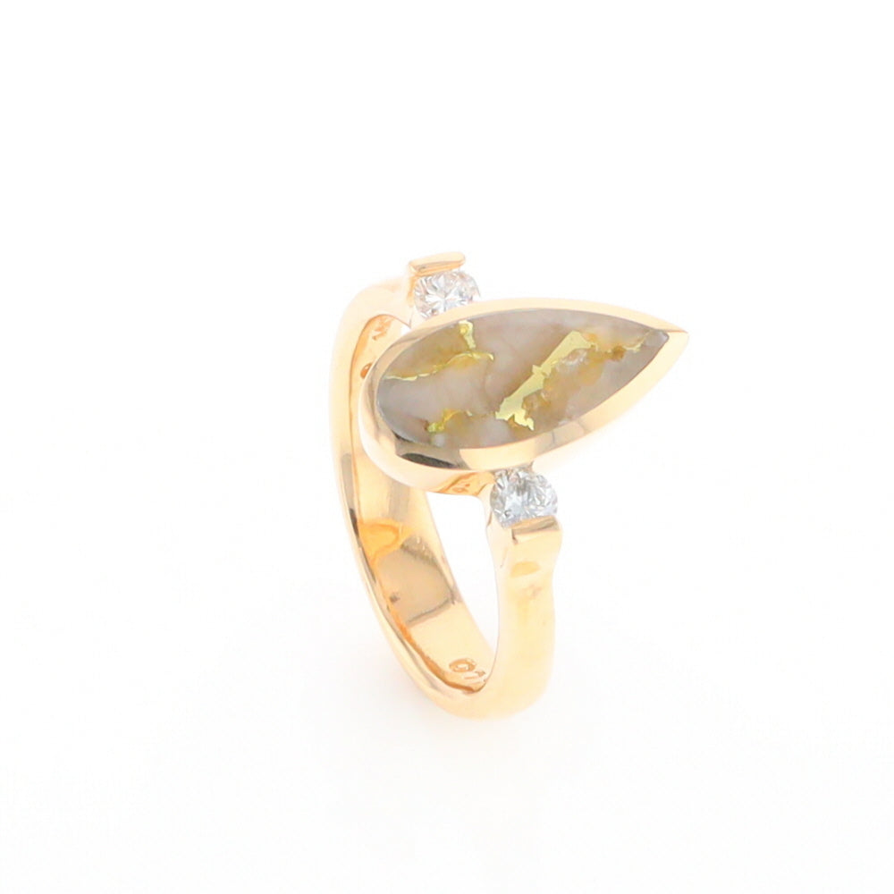 Gold Quartz Ring Pear Shape Inlaid with .18ctw Round Diamonds