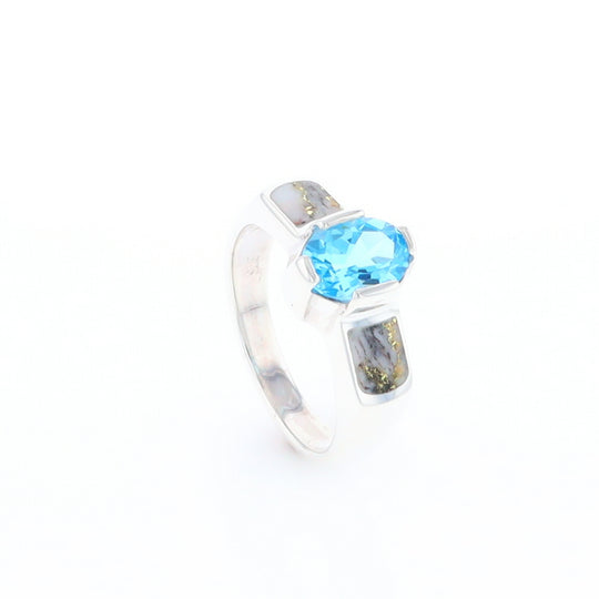 Sterling Silver Gold Quartz Inlaid Oval Blue Topaz Ring - G3