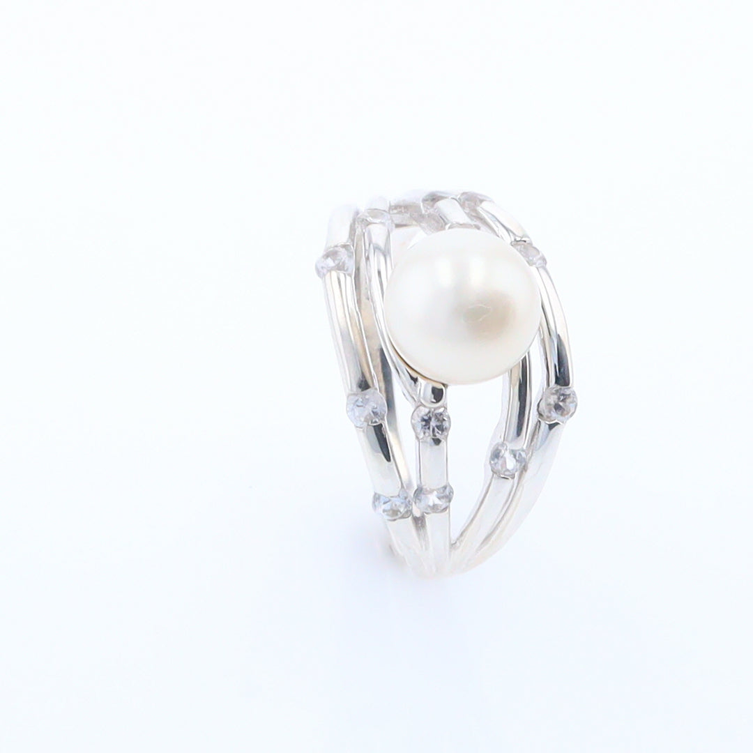 Pearl Bamboo Ring with Cubic Zirconia Accents