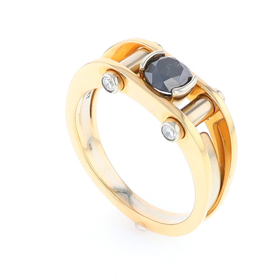 Men's Contemporary White and Yellow Gold Industrial Black Diamond Ring