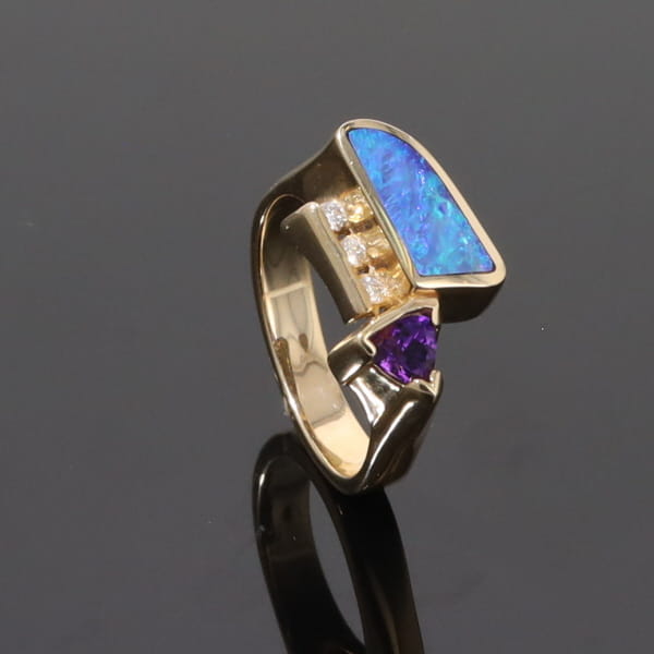 Opal Rings Geometric Inlaid with Amethyst and .08ctw Diamonds