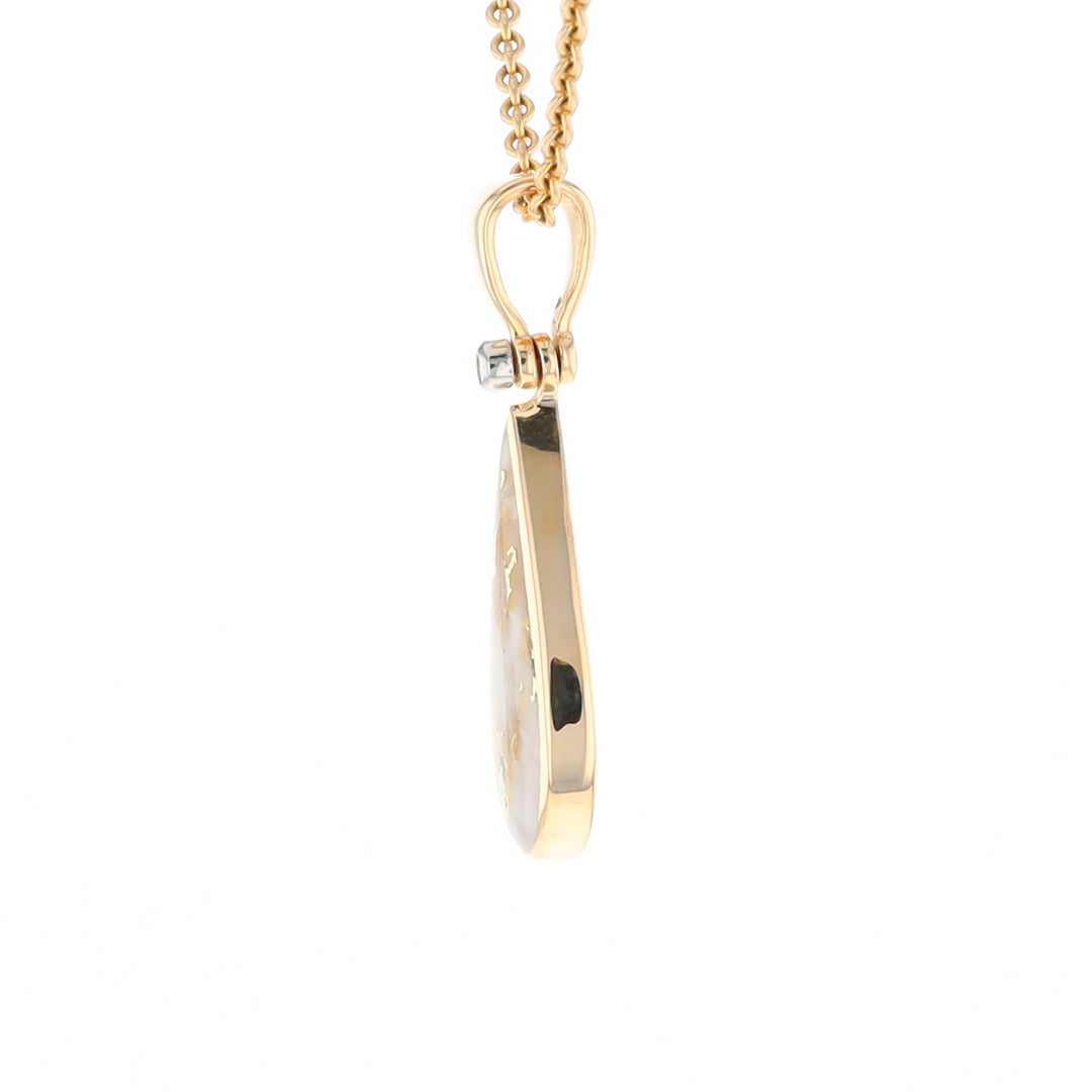 Gold Quartz Necklace Tear Drop Inlaid Pendant with .02ct Diamond