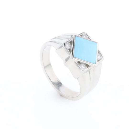 Natural Sleeping Beauty Turquoise ring diamond shape inlaid design with .16ctw round diamonds