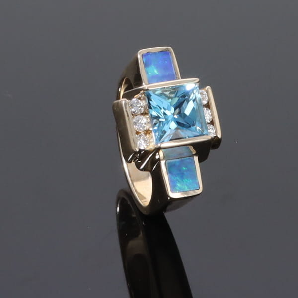 Opal Rings Inlaid Sides Swiss Blue Topaz Center with .24ctw Diamonds