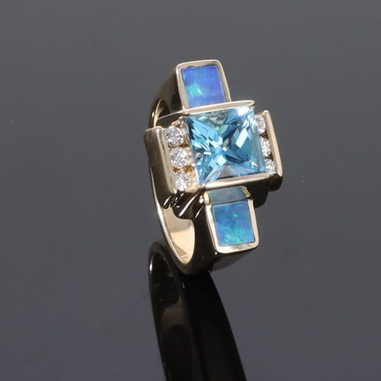 Opal Rings Inlaid Sides Swiss Blue Topaz Center with .24ctw Diamonds